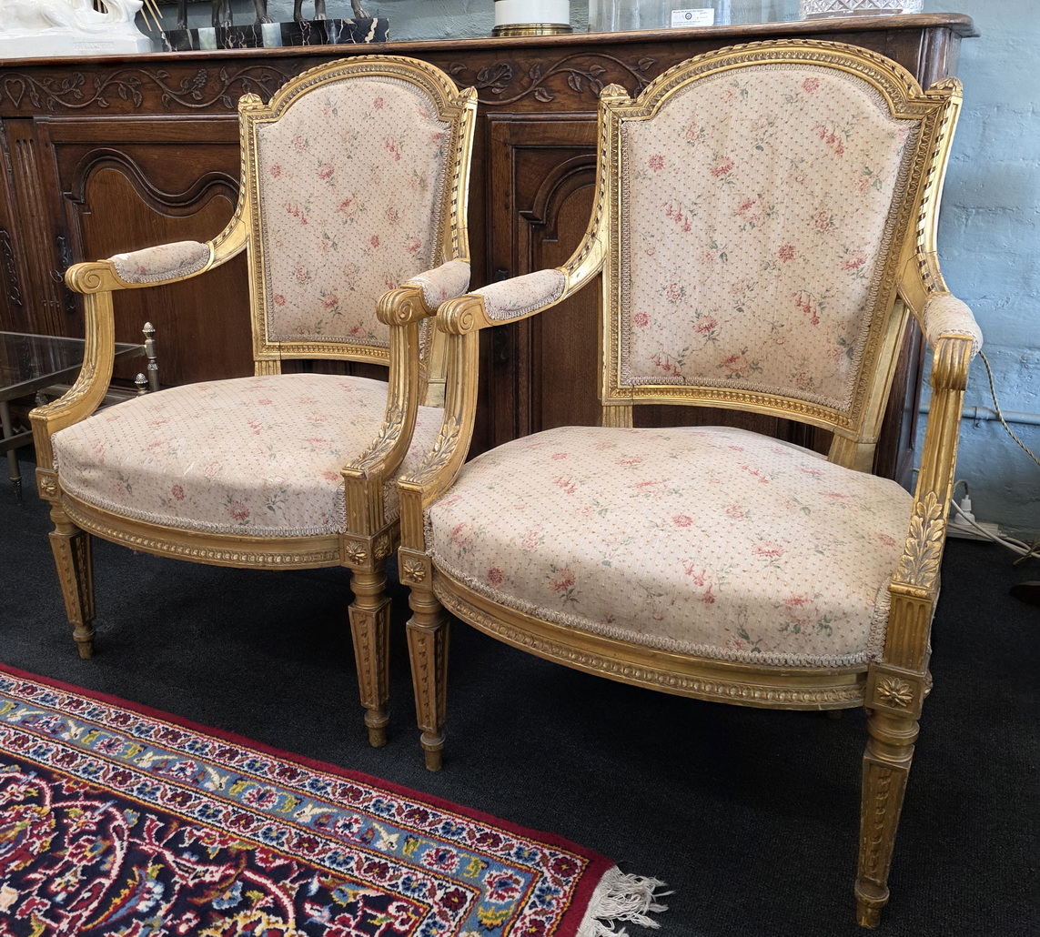 Four gilt Louis XVI Fauteuil Armchairs Four gilt Louis XVI Fauteuil Armchairs